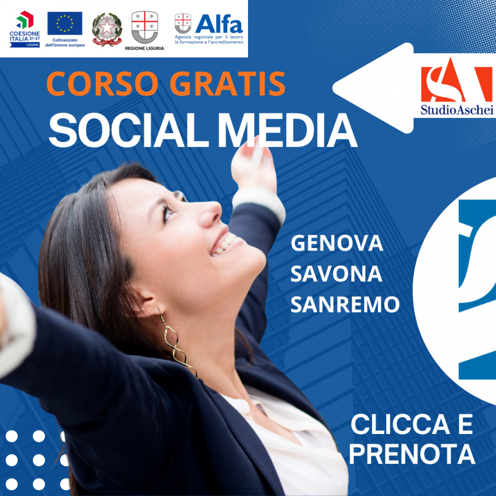 immagine con loghi istituzionale dei finanziatori dei corsi, donna con braccia aperte che esulta con sorriso come un influente che raggiunge molti followers. Colori accesi.